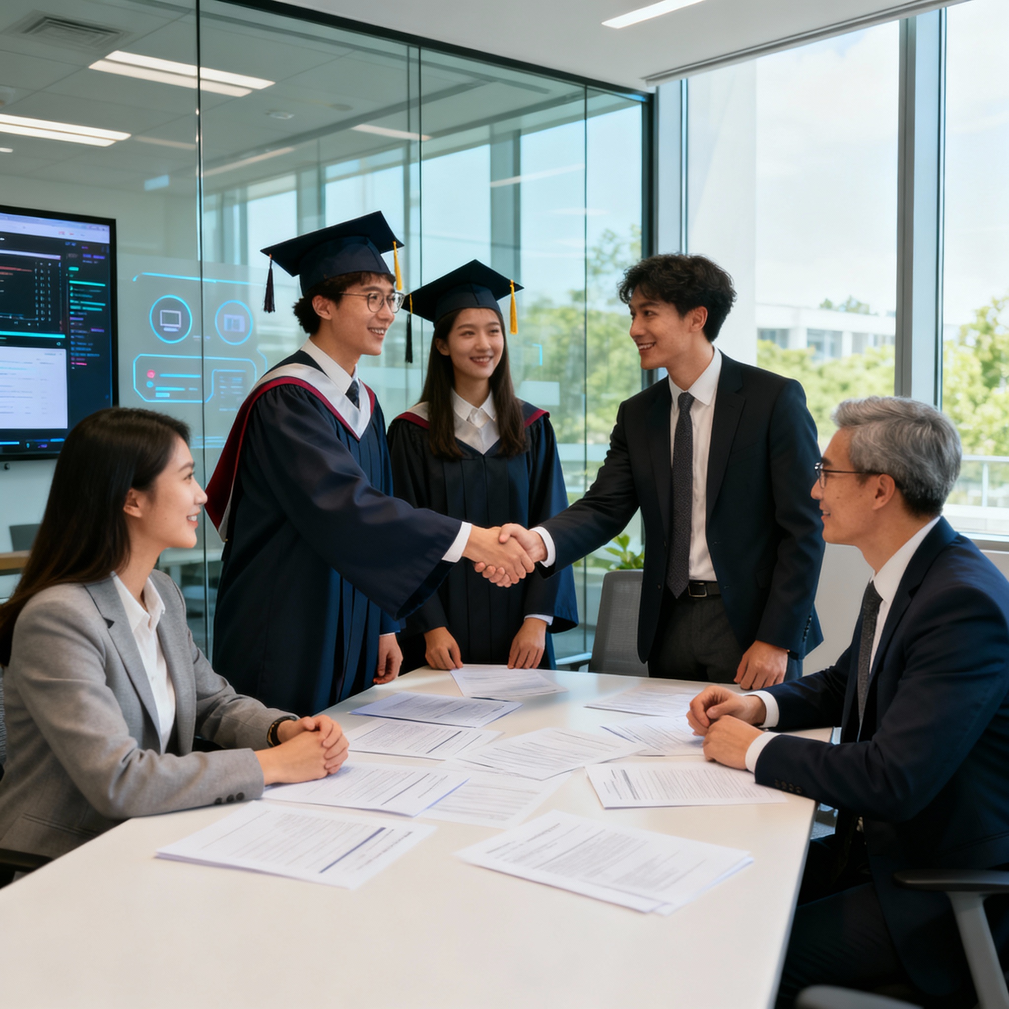 studenci w siedzibie firmy z managementem