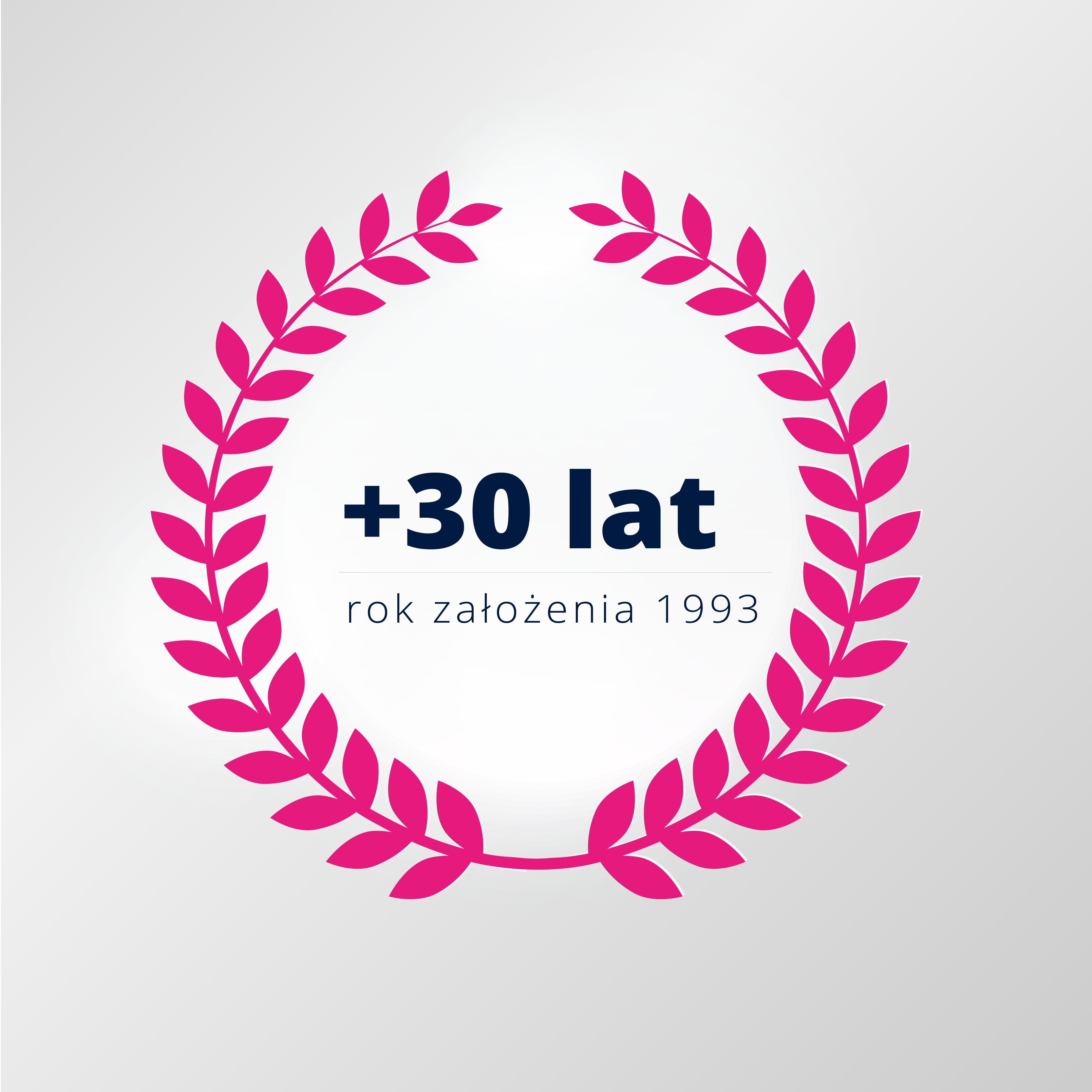 różowy laur, w środku napis +30 lat, po niżej rok założenia 1993