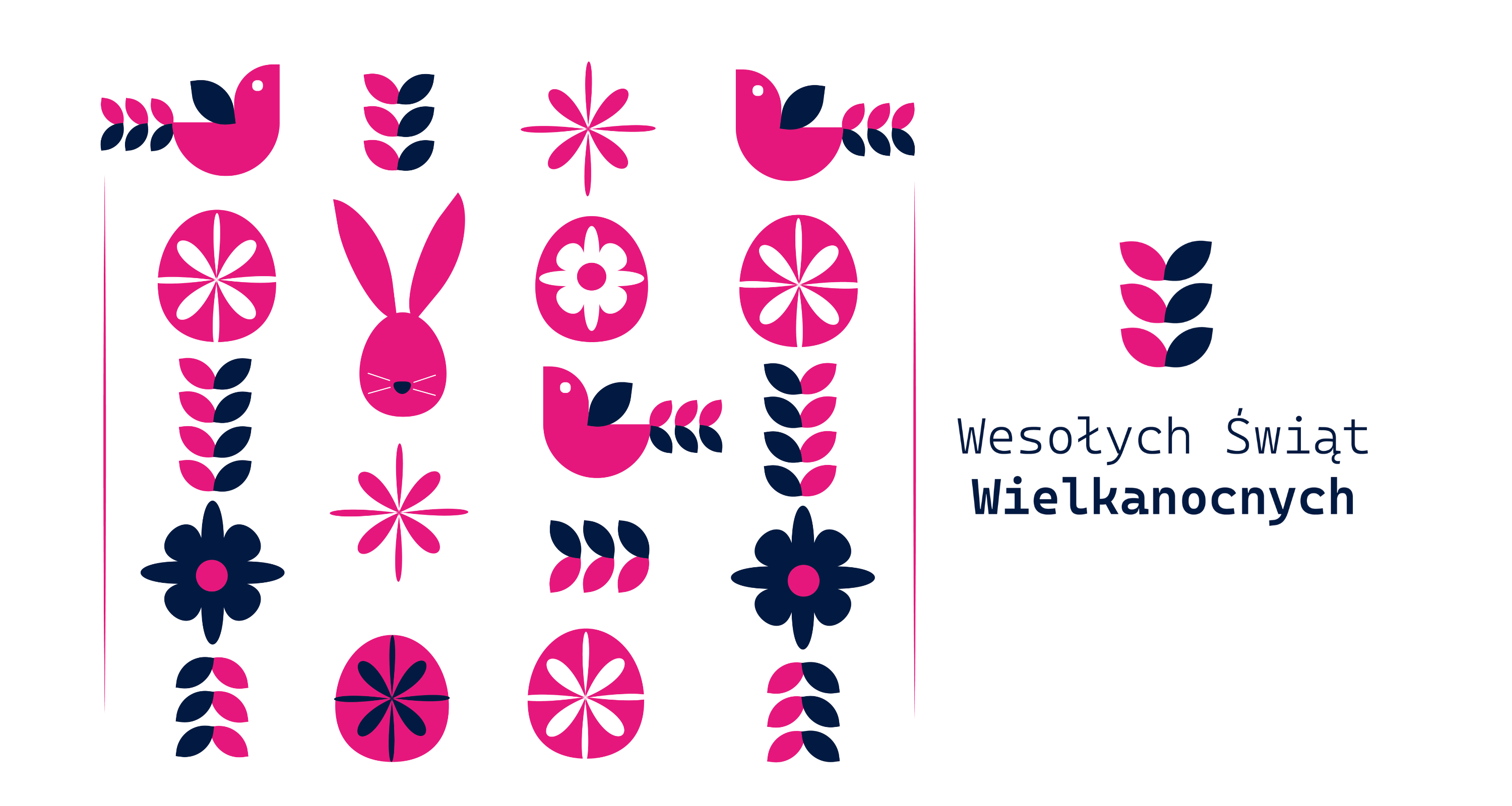 wielkanocny wzór w kolorach różu i granatu składający się z minimalistycznych ikon ptaszków, jajeczek, kwiatków oraz króliczka i bazi