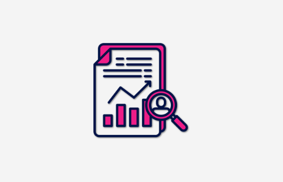 Arkusz z wykresami, strzałką i lupą w której jest ikona człowieka