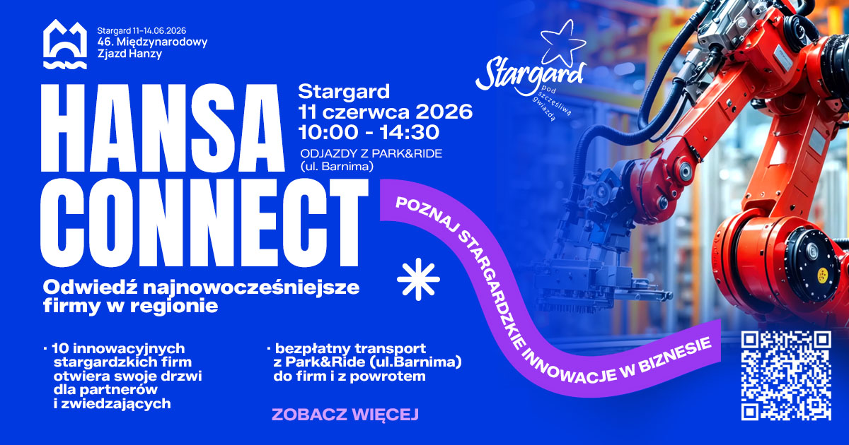 Grafika promocyjna wydarzenia Hansa Connect w Stargardzie, które odbędzie się 11 czerwca 2026 r., przedstawia ramię robota, szczegóły wydarzenia i kod QR umożliwiający uzyskanie dodatkowych informacji.