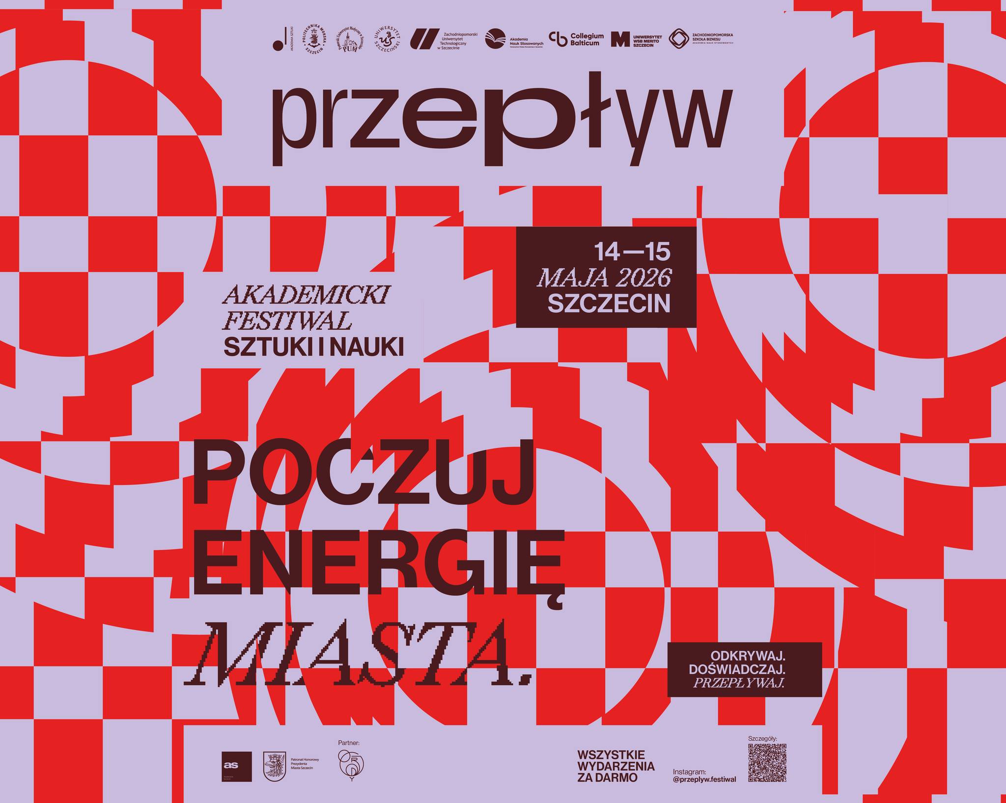 Plakat Akademickiego Festiwalu Sztuki i Nauki „Przepływ” promujący wydarzenia w Szczecinie.