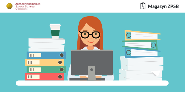 Grafika przedstawiająca kobietę pracującą przy komputerze w otoczeniu dokumentów