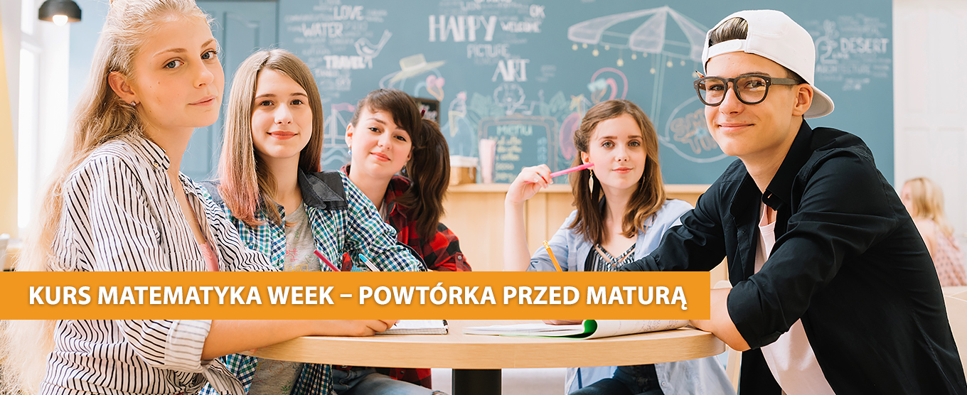 Ilustracja przedstawiająca grupę studentów. Widać również napis "Kurs matematyka week - Powtórka przed maturą".
